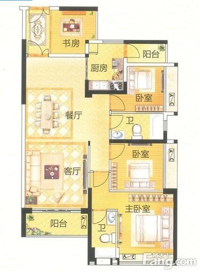 本单元的设计整体色调采用的是木色，不仅沿用了中式的端庄典雅，同时加入一些时尚的元素，让整个空间多了现代的时尚感觉，却不失中式的端庄。